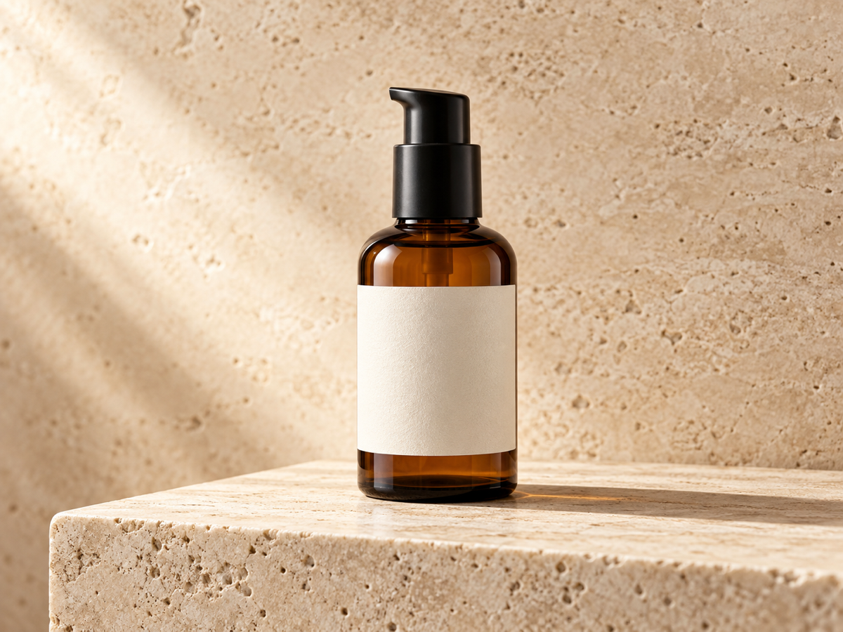 Campaign photo of an amber serum bottle on a pale stone plinth with a soft studio background
