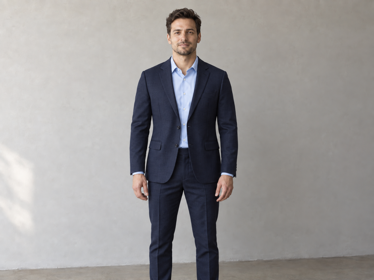 The same person in a tailored business blazer and collared shirt after the outfit change