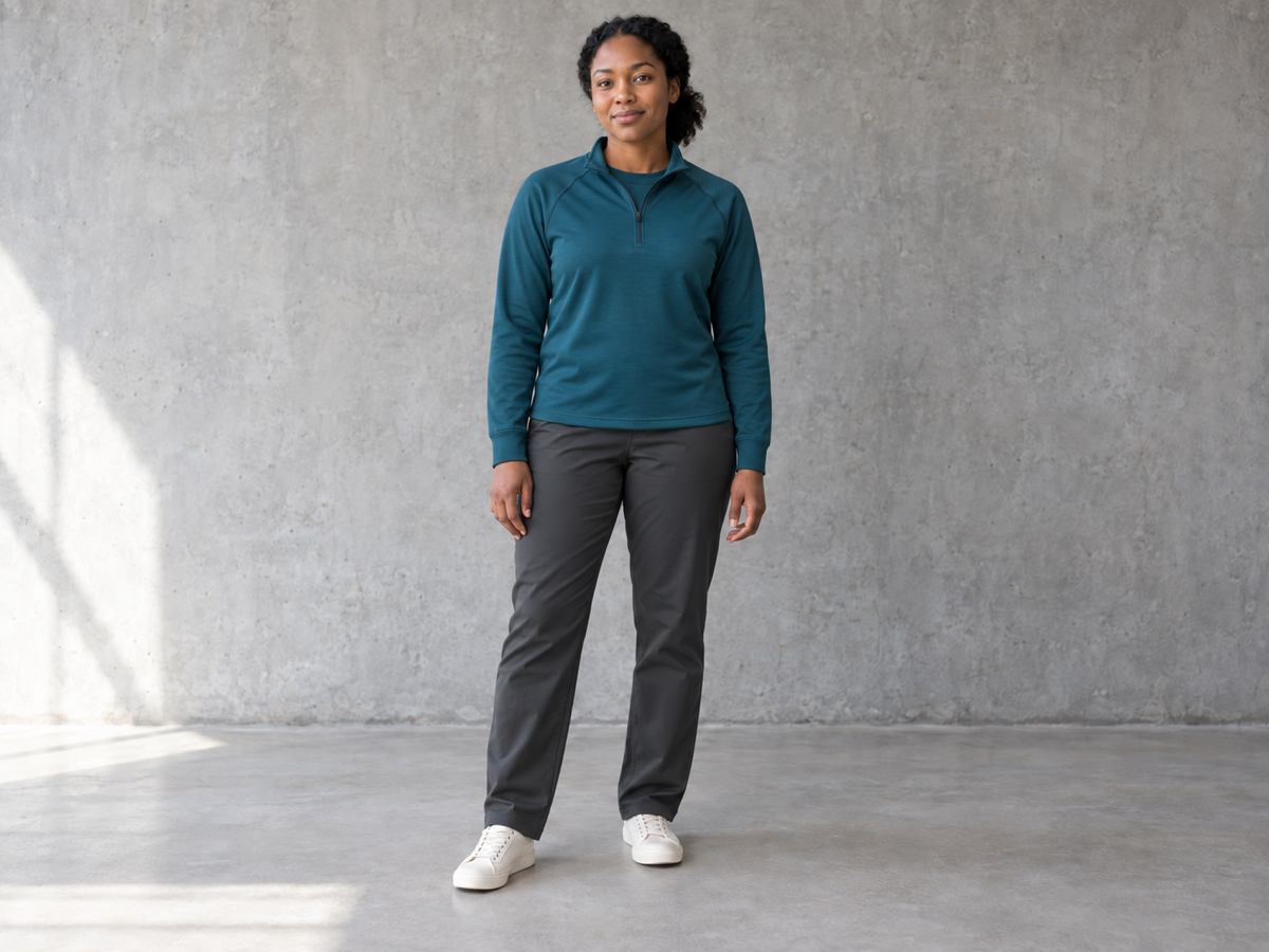 The same person in an athletic training set with the original stance preserved
