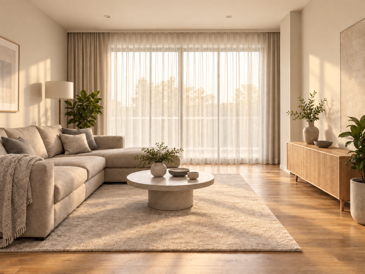 The same living room with warm natural light, gently lifted highlights, and soft golden shadows