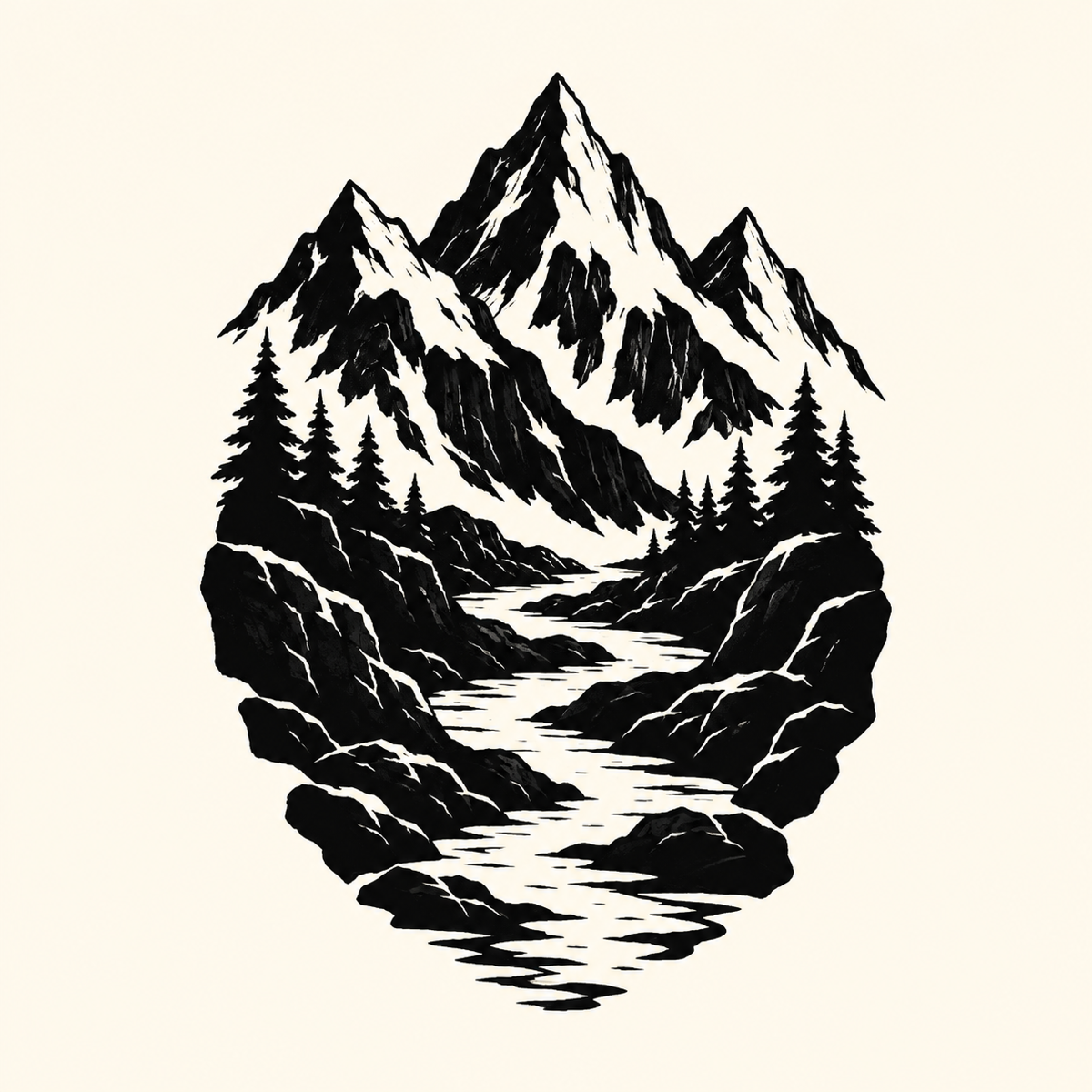 Blackwork mountain and river tattoo concept with dense black fills and a clear outer contour on a clean background