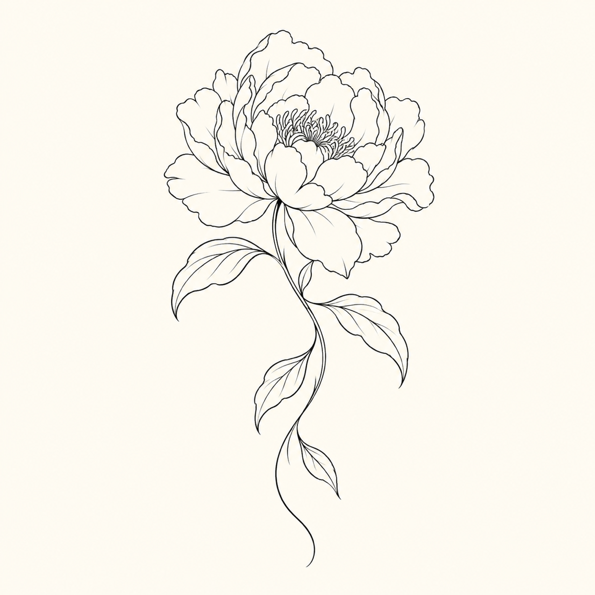 Fine line botanical tattoo concept with thin continuous contours of a peony and vine on a clean light background