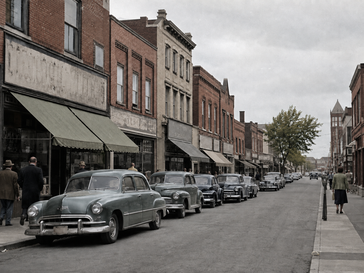 Concept example of the same street with inferred awning, vehicle, and brickwork color after colorization