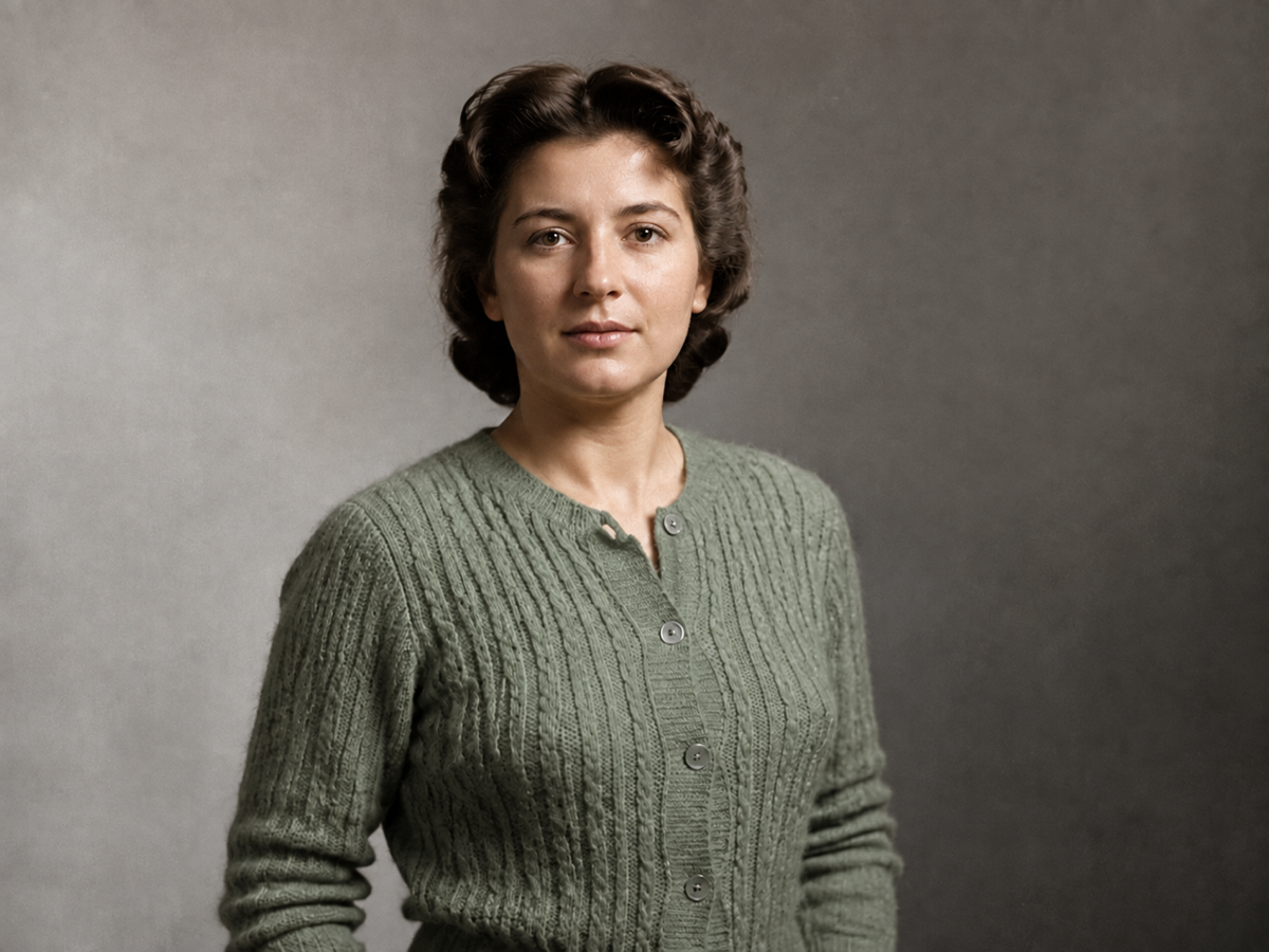 Concept example of the same studio portrait with inferred skin, hair, and cardigan color after colorization