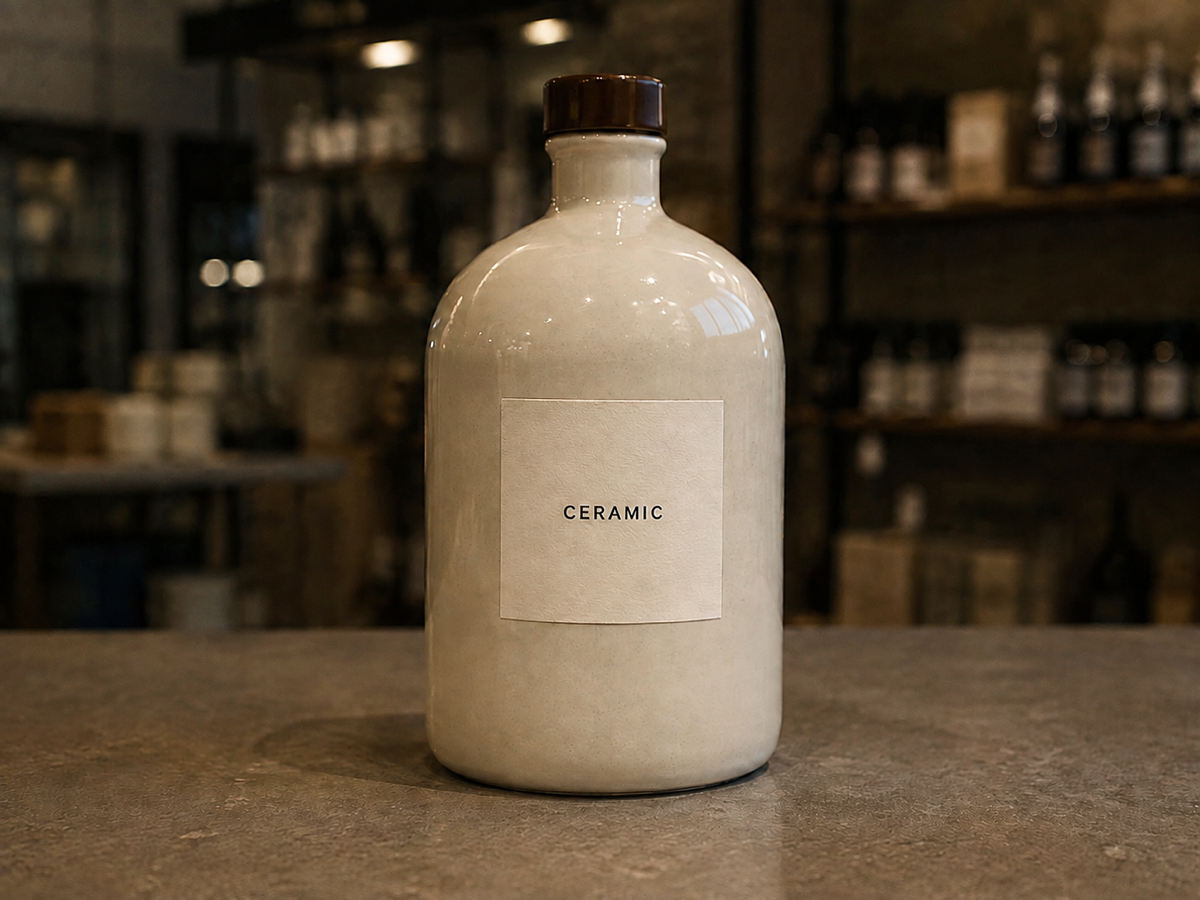 Concept example of the same ceramic bottle with clearer label edges after a same-size enhancement pass