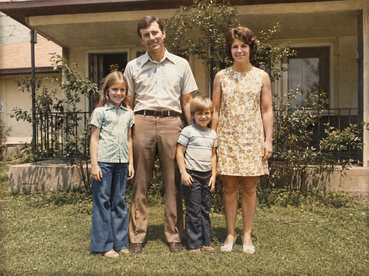 Concept example of the same family photograph after conservative photo restoration